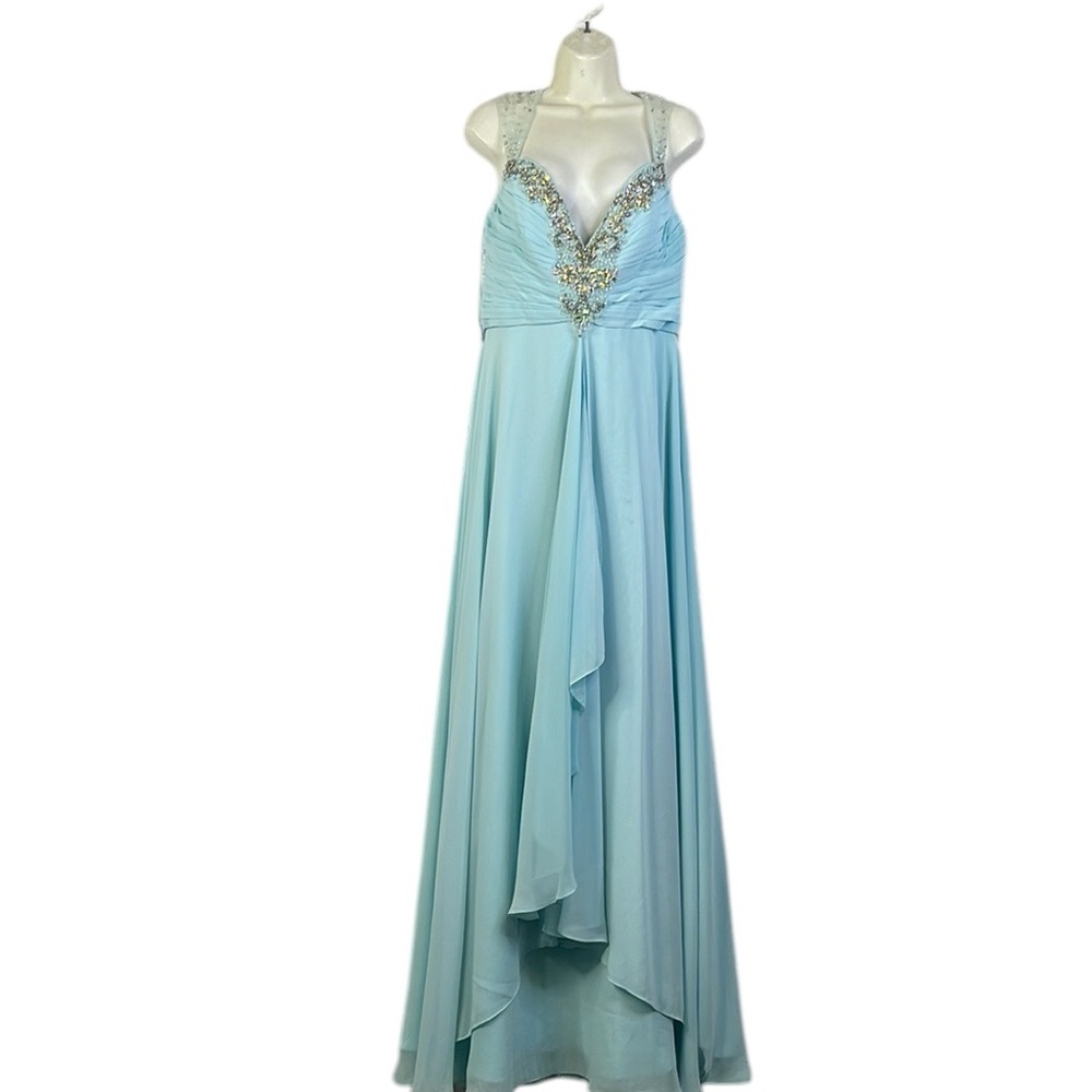 Fabu Luxe Couture Maxi of shoulder Satin turquoise Beads Party  Prom Dress